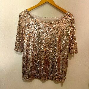 Rose Gold Sequined Bow Neck Short Sleeve Top